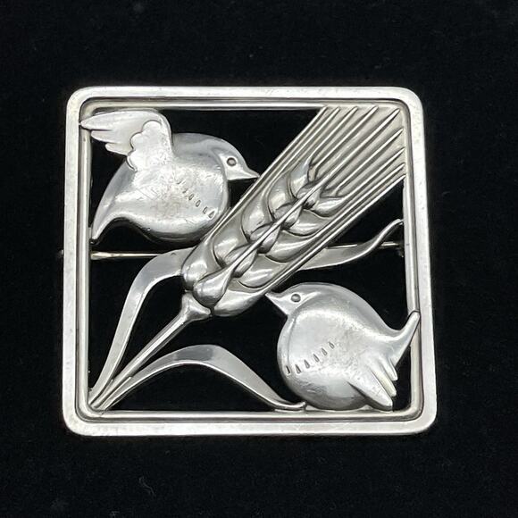 Georg Jensen #250 Sterling Silver Denmark Square Brooch Pin Birds Wheat - Picture 1 of 8
